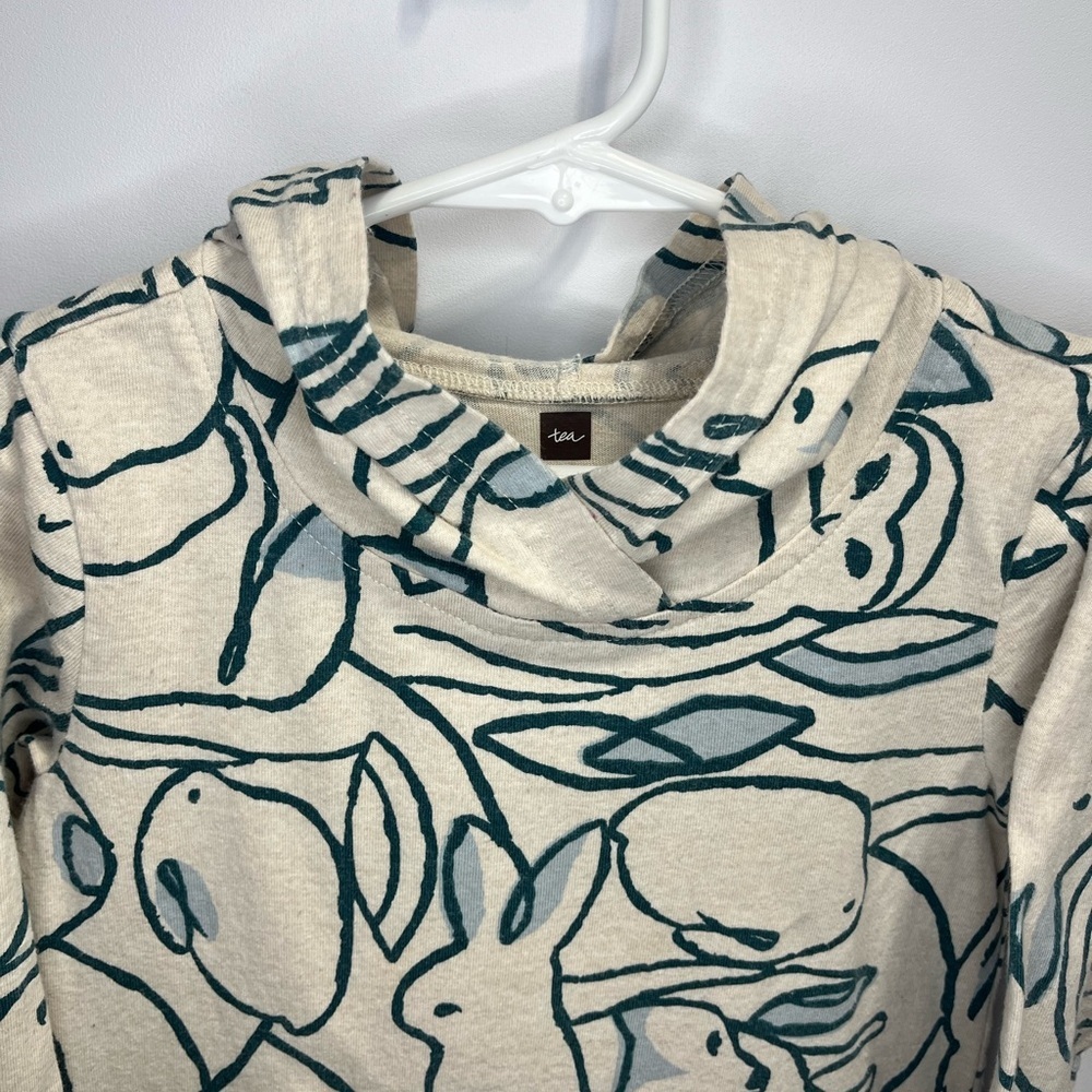 Tea 5T Bunny Owl Fox Nature Patterned Cream and Teal Long Sleeve Cotton Hoodie - Picture 2 of 11